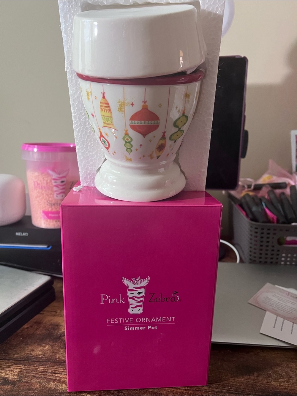 Pink Zebra Festive Ornament Wax Warmer Simmer  Pot - White with Multi-Color